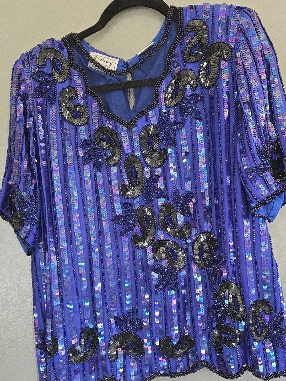 Stenay Sequined Blue Evening Blouse with Black Beaded Accents